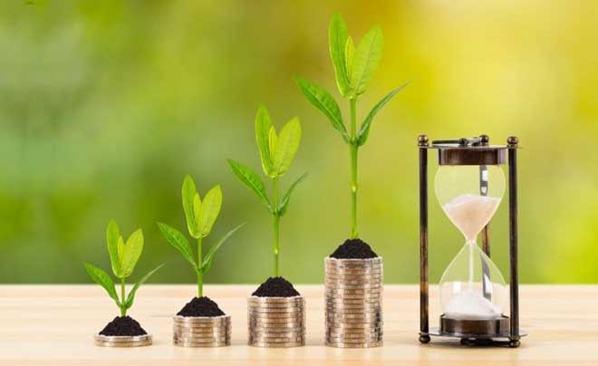 Các cây non mọc trên chồng tiền xu tăng dần kích thước, bên cạnh là đồng hồ cát trên nền mờ.
