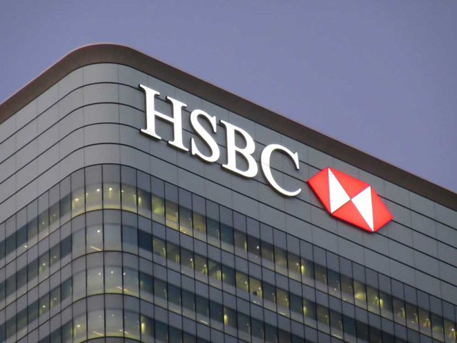 Tòa nhà cao tầng với logo và chữ HSBC trên góc tường, nền trời mờ nhạt buổi tối.