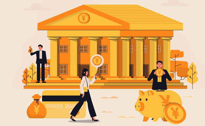 Minh họa ngân hàng với tòa nhà cổ điển, người cầm biểu tượng tiền tệ và lợn tiết kiệm màu vàng.