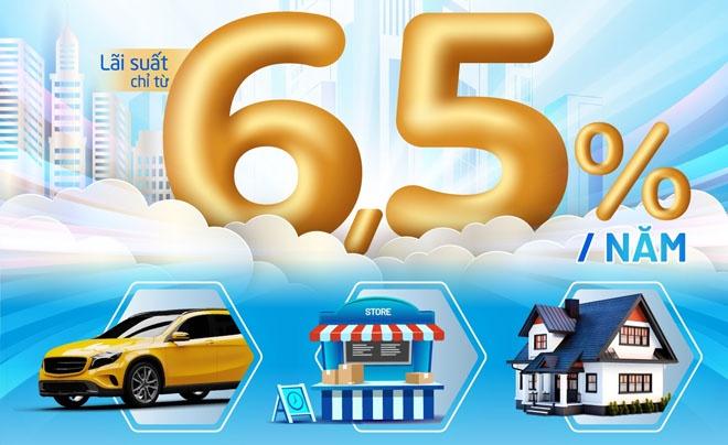 Hình ảnh quảng cáo lãi suất 6,5% với hình xe hơi, cửa hàng và ngôi nhà trên nền trời xanh và thành phố.
