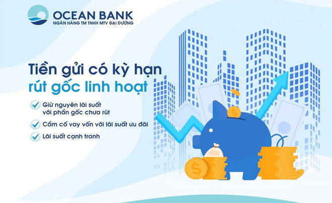 Hình ảnh quảng cáo dịch vụ gửi tiền, có biểu tượng con heo tiết kiệm, tiền xu, và các tòa nhà phía sau.