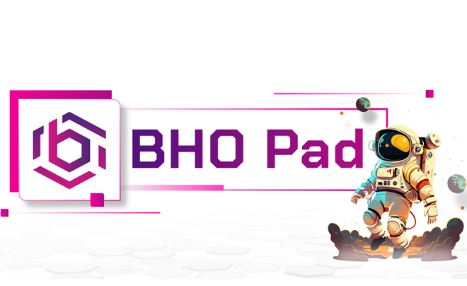 Hình ảnh logo BHO Pad với biểu tượng và một phi hành gia đang bay, nền trắng với hiệu ứng không gian.
