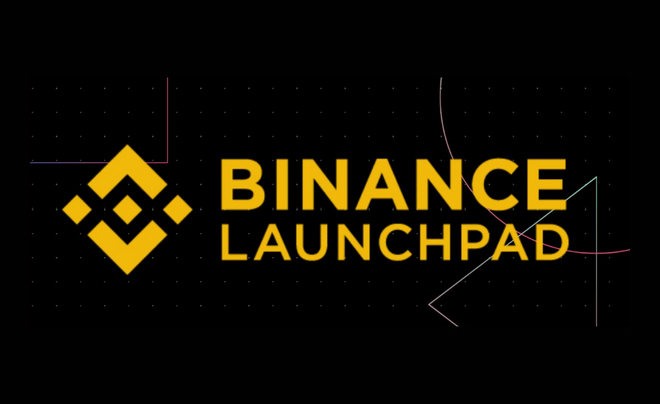 Logo Binance Launchpad màu vàng trên nền đen với các đường nét và hình học xung quanh.