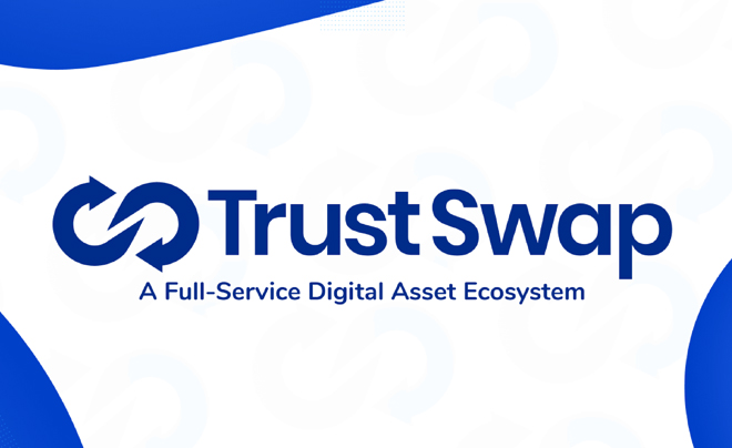 Logo TrustSwap với khẩu hiệu "A Full-Service Digital Asset Ecosystem" trên nền trắng và xanh dương.
