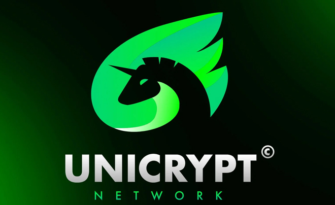 Logo với hình ảnh đầu kỳ lân màu xanh lá, chữ "UNICRYPT NETWORK" phía dưới, nền đen chuyển sắc xanh.