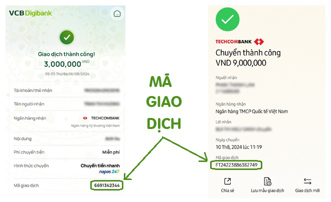 Hình ảnh hiển thị hai giao dịch ngân hàng thành công với mã giao dịch được đánh dấu.