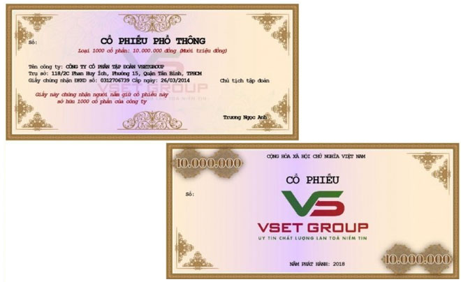 Hình ảnh hai giấy chứng nhận cổ phiếu với thiết kế trang trí và thông tin chi tiết về công ty và mệnh giá.