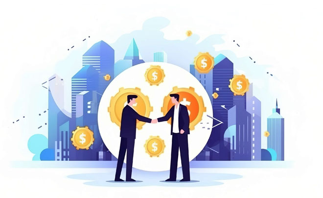 Hai người bắt tay trước nền thành phố, xung quanh là biểu tượng bánh răng và tiền đô la.