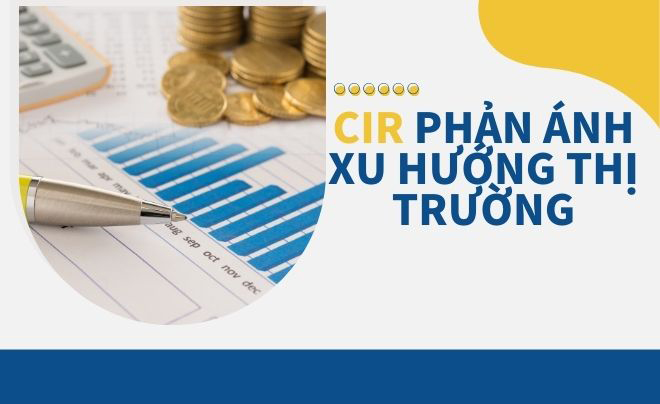 Biểu đồ cột màu xanh, bút và đồng xu trên bàn, văn bản "CIR phản ánh xu hướng thị trường".
