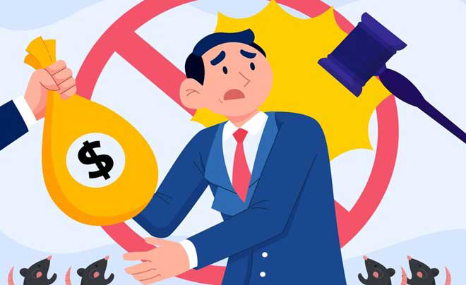 Hình minh họa một người đàn ông lo lắng, bên cạnh là túi tiền và búa tòa án, biểu tượng cấm đằng sau.