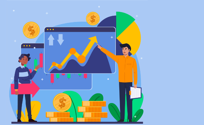 Hai người đang thảo luận về biểu đồ tài chính trước màn hình, với biểu tượng tiền và biểu đồ tăng trưởng.