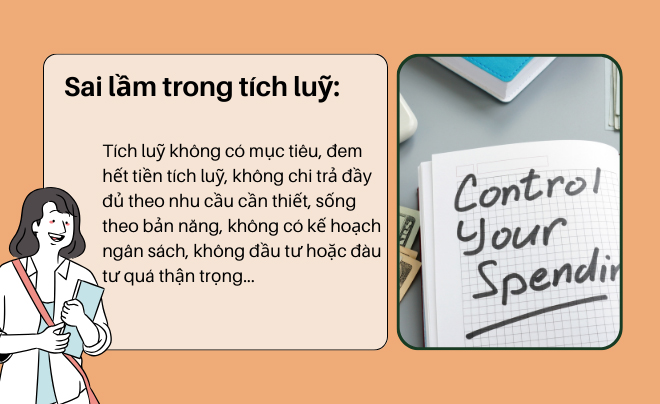 Biển báo "Sai lầm trong tích lũy" với sổ tay ghi "Control Your Spending" và tiền mặt bên cạnh.