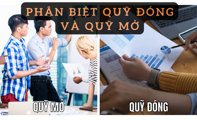 Hai bức ảnh minh họa sự khác biệt giữa quỹ mở và quỹ đóng với các biểu đồ và tài liệu.