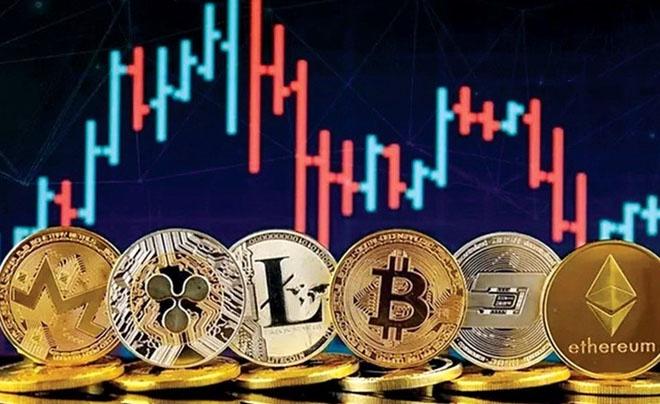 Các biểu tượng tiền điện tử trên nền biểu đồ nến, biểu thị sự biến động giá trị thị trường.