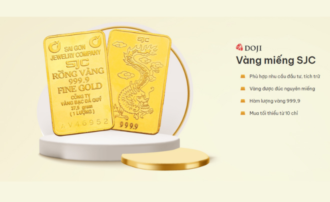 Hình ảnh hai thỏi vàng SJC trên nền trắng, bên cạnh là thông tin sản phẩm và logo DOJI.