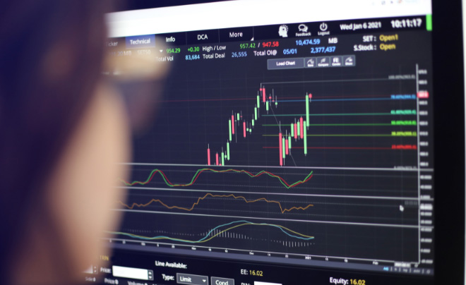 M&agrave;n h&igrave;nh m&aacute;y t&iacute;nh hiển thị biểu đồ t&agrave;i ch&iacute;nh với c&aacute;c chỉ số v&agrave; đường đồ thị kh&aacute;c nhau.