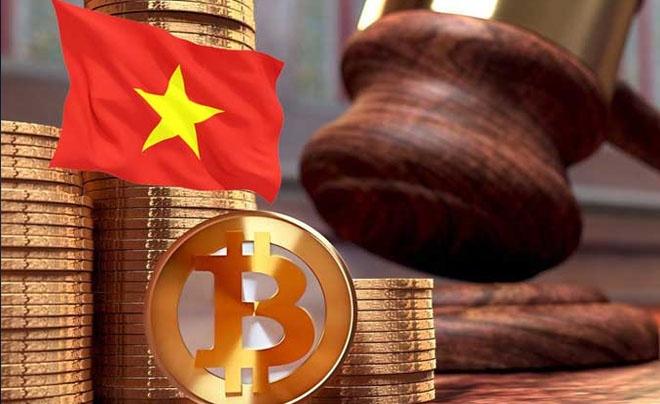 Cờ Việt Nam, biểu tượng Bitcoin và búa pháp lý trên nền tiền xu.