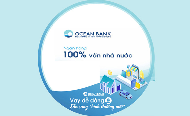 Hình ảnh quảng cáo ngân hàng với thông điệp "Ngân hàng 100% vốn nhà nước", có biểu tượng và đồ họa liên quan.