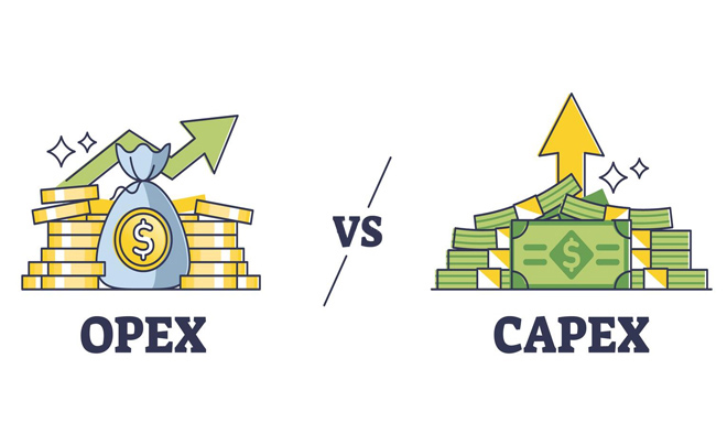 Hình minh họa so sánh OPEX và CAPEX với biểu tượng tiền và mũi tên tăng trưởng.