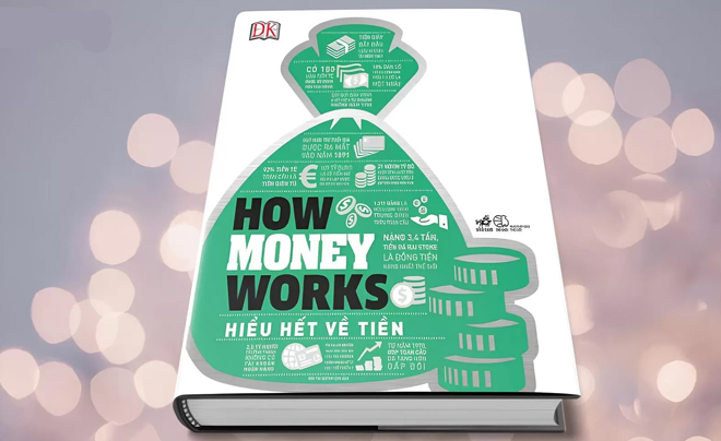 Bìa sách "How Money Works: Hiểu Hết Về Tiền" với hình túi tiền và các biểu tượng tài chính màu xanh.