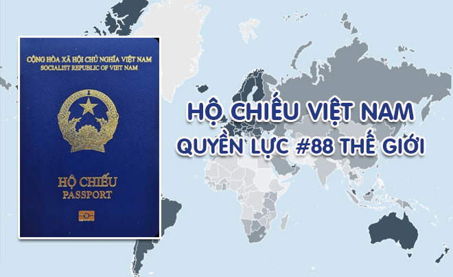 Bìa hộ chiếu Việt Nam nằm trên bản đồ thế giới với dòng chữ "Hộ chiếu Việt Nam quyền lực #88 thế giới".