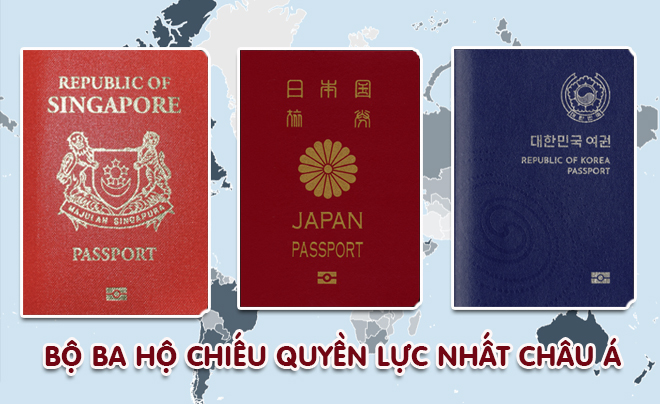 Ba cuốn hộ chiếu với bìa khác màu, có quốc huy và chữ viết của từng quốc gia trên nền bản đồ thế giới.