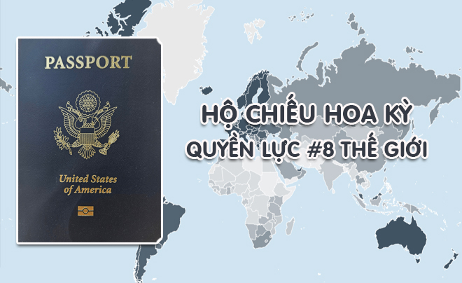 Hộ chiếu Hoa Kỳ bên trái, bản đồ thế giới mờ phía sau, dòng chữ "Hộ chiếu Hoa Kỳ quyền lực #8 thế giới".