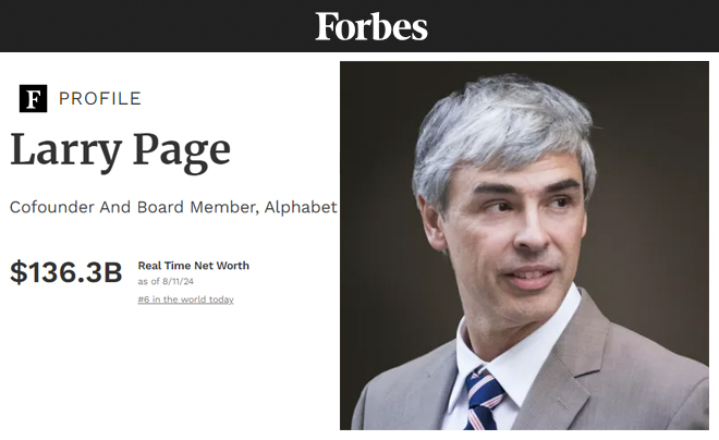 Hình ảnh trang hồ sơ trên Forbes với thông tin về tài sản và chức vụ của một cá nhân không xác định.