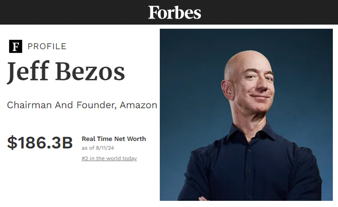 Hình ảnh trang hồ sơ trên tạp chí Forbes của một người với thông tin về giá trị tài sản ròng.