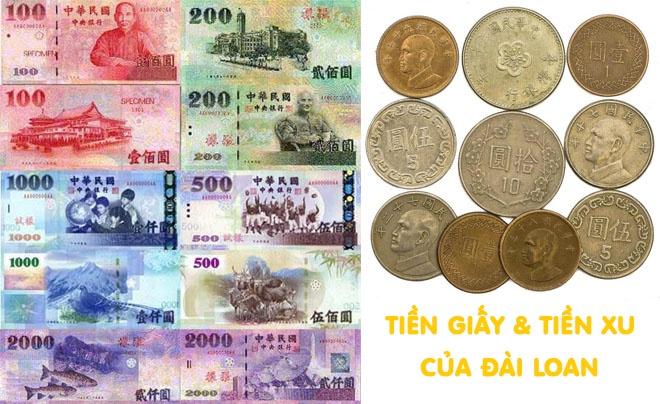 Hình ảnh tiền giấy và tiền xu của Đài Loan, gồm nhiều mệnh giá và hình ảnh khác nhau.