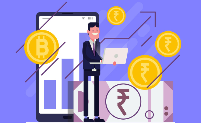 Người đàn ông cầm laptop đứng trước điện thoại, xung quanh là biểu tượng tiền tệ và Bitcoin.