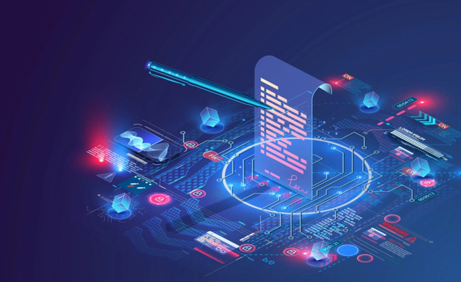 Hình minh họa công nghệ blockchain với mã QR và các biểu tượng kỹ thuật số trên nền xanh lam.