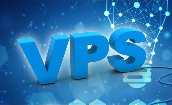 Chữ "VPS" lớn màu xanh trên nền xanh, có đồ họa mạng và kết nối.