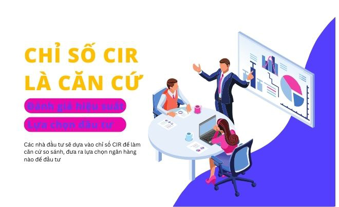 Ba người thảo luận tại bàn, một người trình bày biểu đồ, văn bản về chỉ số CIR và đầu tư.