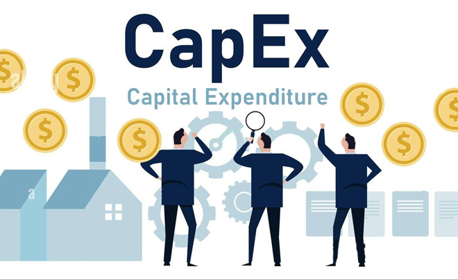 Ba người đang đứng trước biểu tượng nhà máy và bánh răng, với chữ "CapEx" và các đồng xu xung quanh.