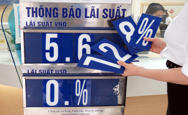 Bảng thông báo lãi suất ngân hàng với các số và ký hiệu phần trăm, người đang cầm các tấm biển số.